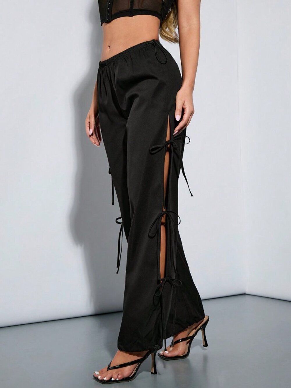 Black Casual Women's Jogger Pants with Side Slit and Adjustable Drawstring - Picture 6 of 6